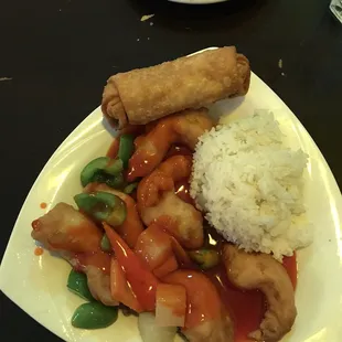 Sweet &amp; Sour Shrimp dish. Comes with soup, egg roll and choice of fried rice or steamed.