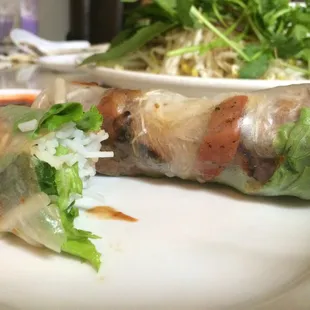 Shrimp and pork marinated spring rolls.