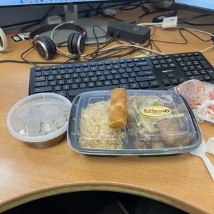 My lunch special, to-go. Spicy Salt and Pepper Pork Chop with Hot and Sour Soup and Fried Rice with an egg roll. $12.99 as of Sep 2022