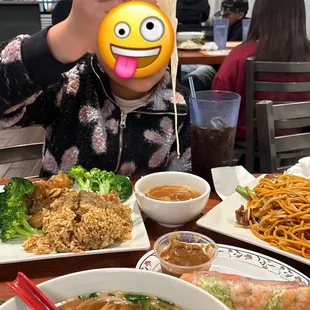Shrimp pho, honey walnut shrimp, spring rolls, and beef noodles.