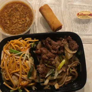 Mongolian Beef, Chow Mein, Sweet and Sour Soup, Eggroll
