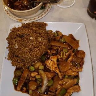 Lunch Kung Pao Chicken, Fried Rice And Half Eaten Hot And Sour Soup.  It's All Delicious And Only $10.95!