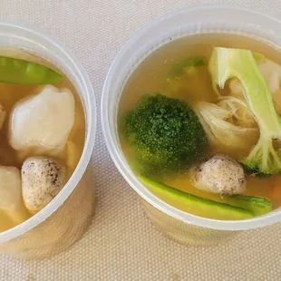 ample veggies bobbing along the wontons in their wonton soup