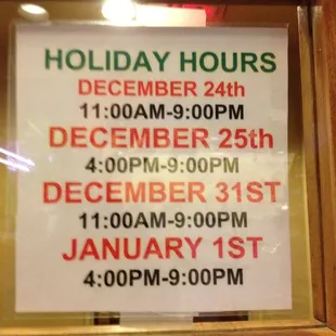 Hours for Christmas Eve, Christmas, New Year's Eve and New Years