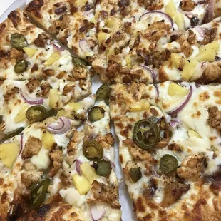 BBQ Chicken pizza with pineapples and Jalapeños