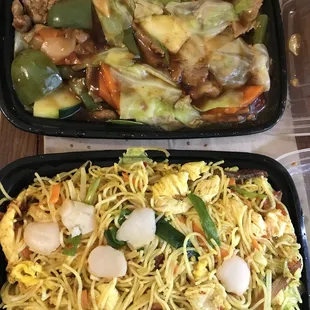 Twice cooked pork (+ bamboo shoots).  Singapore Mei Fun/rice noodles (+ scallops).