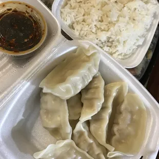 Rice that came with twice cooked pork. Dumplings (8 pcs) with tasty dumpling sauce.