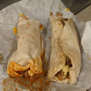 L-R: #11 Breakfast Burrito, $4.59 prior to tax. #7 Breakfast Burrito, $3.39 prior to tax