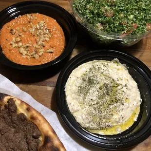 Tabboleh salad, baba ghannouj, and muhammara