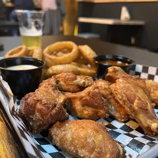 Dry batter chicken wings with onion rings