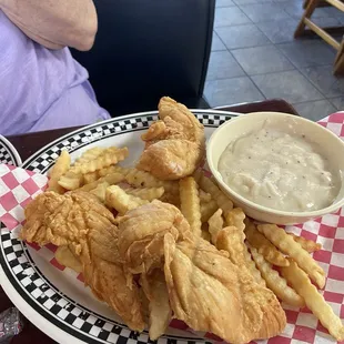 Three piece chicken strip dinner with fries very good