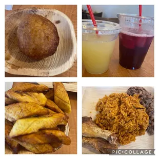 4 Piece Puff Puff, Ginger Beer, Hibiscus Drink, cold Fried Plantain, Jollof Rice