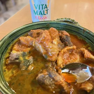 Amala with Abula Soup, and Beef Products. Vita Malt non-alcoholic drink to wash it down.