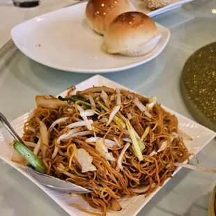 Soy sauce chow mein and baked BBQ pork buns