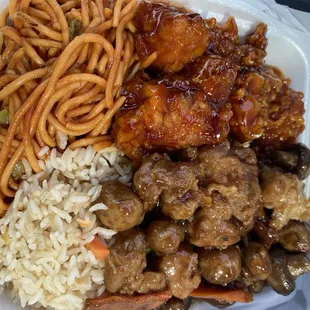 Orange chicken, mushroom chicken, chowmein and fried rice. Salty and inedible