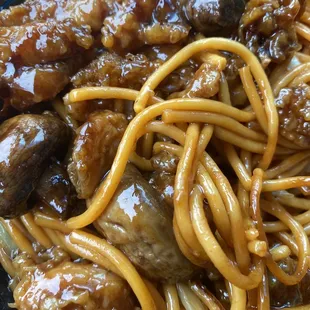 Lo mein with mushroom chicken