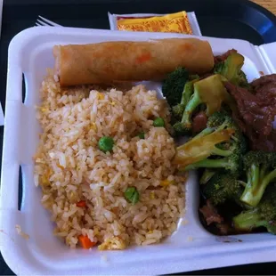 Broccoli Beef, Fried Rice, Egg Roll.