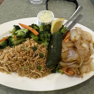 Grilled Salmon with grilled onions, shrimp fried rice &amp; steamed broccoli