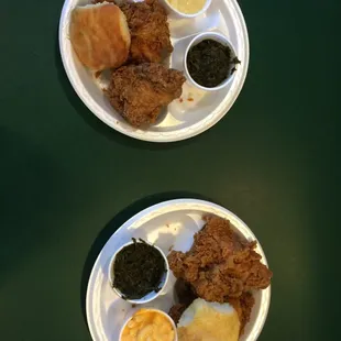 Fried chicken dinners (collards/mashed potatoes with gravy and collards/mac and cheese), served with biscuit.
