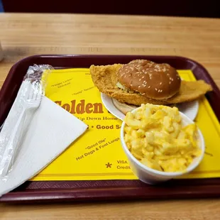 Flounder sandwich and Mac and cheese