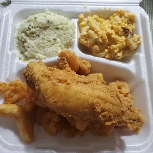 Shrimp and Flounder Dinner w/ Hushpuppies, Mac and Cheese, and Coleslaw.