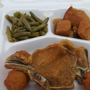 Pork chop special with green beans and yams