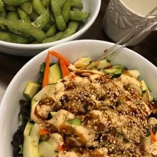 Edamame and Veggie Bowl.  The sauce drizzles on the veggie bowl are so good!