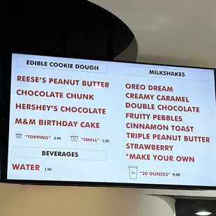 Menu - Cookie Dough and Milkshakes (01/29/2024)
