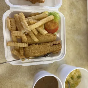 Fish, fries, and gravy on the side! Also a very scrumptious egg drop soup.