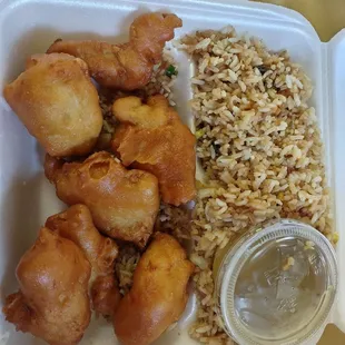 chicken and rice in a styrofoam container