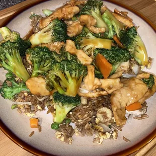 Chicken &amp; Broccoli on a bed of veggie fried rice.