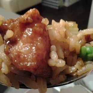 Shrimp fried rice with kung pao chicken in one bite :-)