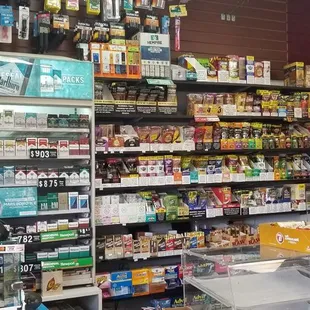 Wide variety of cigars and cigarettes and all sizes of t-sherts, sweaters and thermos.