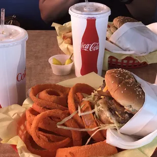 a burger and onion rings