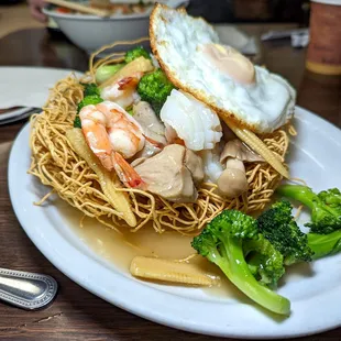 seafood crispy pan fried noodles $17 + $2 extra for egg = $19