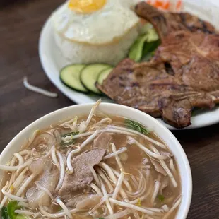 Steak and Tendon Pho + pork Chops, Egg with Rice