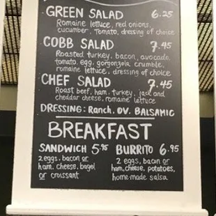 Salad and breakfast menu