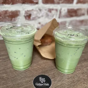 Matcha latte with agave, matcha latte with lavender and a churro donut