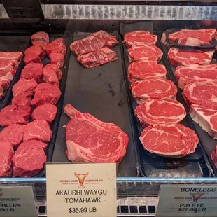 a display of raw steaks