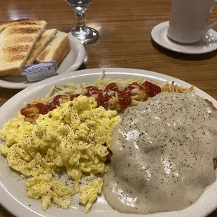 Chicken Fried Steak, Scrambled Eggs, Hashbrowns &amp; toast