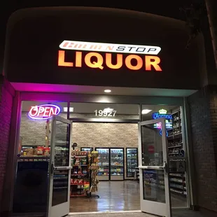 the entrance to a liquor shop