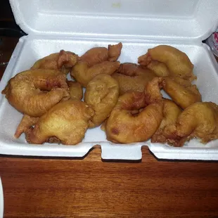 Super greasy, heavily battered Sesame Shrimp.