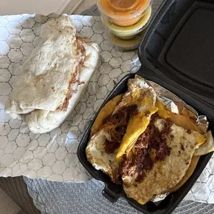 1 breakfast burrito with Carne Asada 2 chorizo and egg tacos