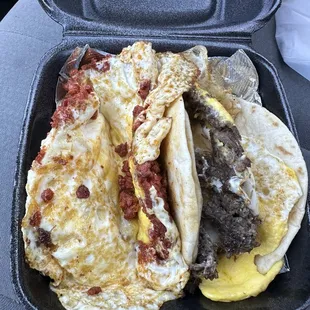 Chorizo and egg and Barbacoa and egg.