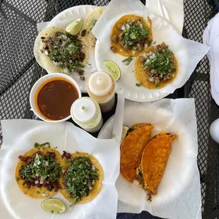 Birria tacos, pastor, tripa, carne asada &amp; cabeza...all excellent flavor...