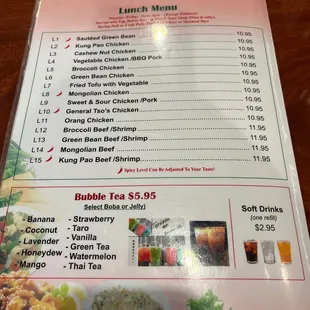 Lunch Menu and drinks