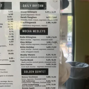Coffee menu