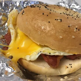 Bacon egg &amp; cheese on an Everything bagel