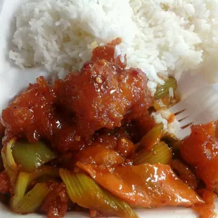 Spicy chicken and steamed rice.