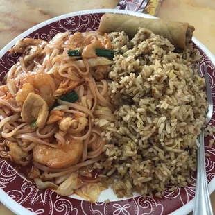 Pad Thai lunch, w egg roll, mound of white rice w soy sauce on it